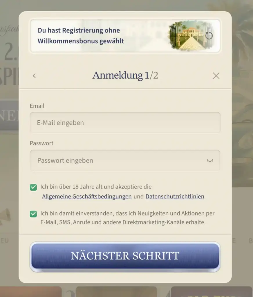 Registrierungsprozess bei VipLuck